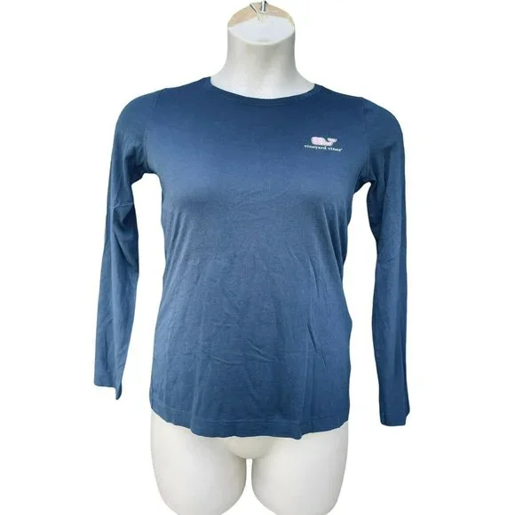 NEW Vineyard Vines Women Long-Sleeve Pink Whale Tee Shirt Sz S Blue Pima Cotton - Picture 2 of 4